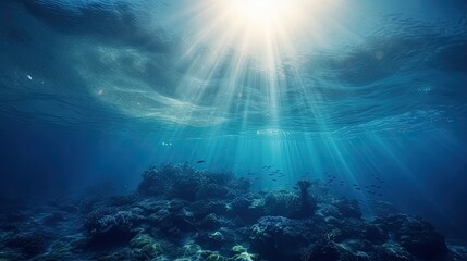 Blue sunlight illuminating underwater sea, creates stunning marine photography. Generative AI