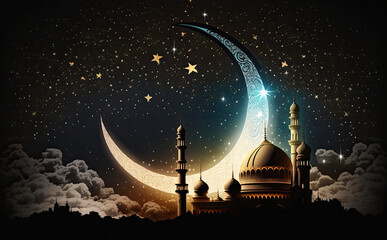 Arabic lantern desert background with Islamic mosque and the moon. Night sky with a waning crescent moon. Eid Mubarak greeting background. Generative Ai