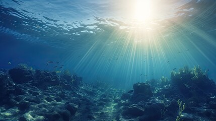 Naklejka na ściany i meble Blue sunlight illuminating underwater sea, creates stunning marine photography. Generative AI