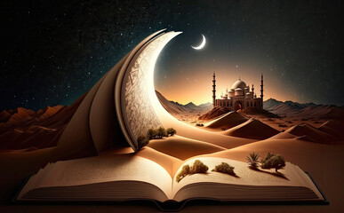 Arabic lantern desert background with night sky with waning crescent moon. Ramadan Kareem Islamic mosque with the Holy Quran and moon, Eid Mubarak greeting background, Generative Ai