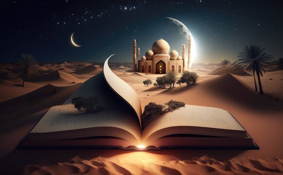 Arabic lantern desert background with Islamic mosque, the Holy Quran, and the moon. Night sky with a waning crescent moon. Eid Mubarak greeting background. Generative Ai
