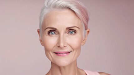 Fototapeta premium Radiant Senior Woman: A Versatile Portrait for Cosmetics, Healthcare, and Financial Services Advertising. Isolated on pink background.