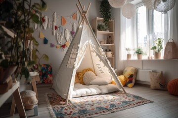 Moscow, March 1, 2020. Decorative play tipi tent and cushions in a child's room. Nursery play tent. kids' boho wigwam. Generative AI