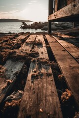 Naklejka premium Old wooden pier on the beach at sunset. Selective focus. Toned.Generative Ai