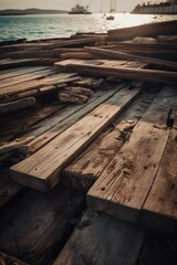 Obraz premium Old wooden pier on the beach at sunset. Selective focus. Toned.Generative Ai