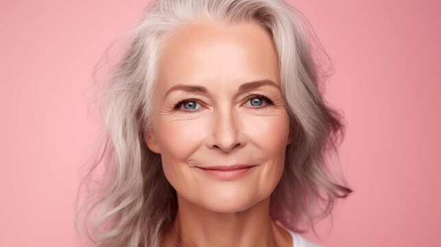 Radiant Senior Woman: A Versatile Portrait for Cosmetics, Healthcare, and Financial Services Advertising. Isolated on pink background.