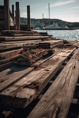 Fototapeta premium Old wooden pier on the beach at sunset. Selective focus. Toned.Generative Ai