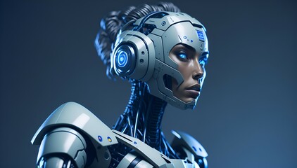 Cyborg Robot Girl with Blue Eyes - 3D Render Created With Generative Ai