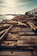 Naklejka premium Old wooden pier on the beach at sunset. Selective focus. Toned.Generative Ai