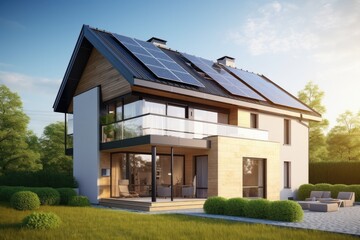 Modern house with solar panels on the roof  3d render