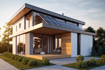 Fototapeta na wymiar Modern house with solar panels on the roof 3d render