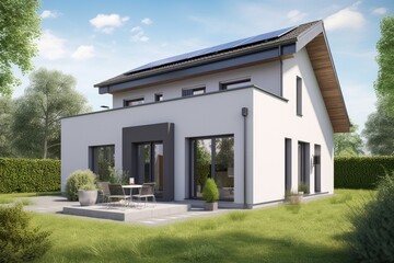 Modern house with solar panels on the roof  3d render