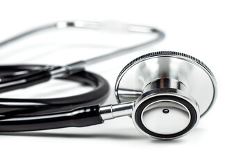 Black stethoscope on white background. Healthcare copcept.