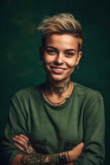 Happy stylish young tattooed woman, smiling, cool haired hipster wearing green t-shirt standing arms crossed isolated on green wall - Ai generative