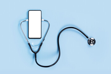 Mockup of the phone with the stethoscope checks the health. Online medical clinic communication...