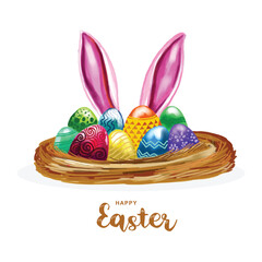Happy easter colorful painted egg and rabbit ears card background