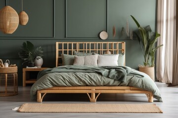 Beautiful bedroom with bamboo bed, trendy bedding, and elegant furnishings. Eucalyptus. Template. Copies. Generative AI