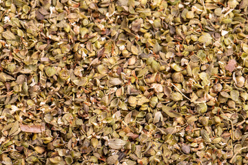 Thyme spice. Bulk dry thyme leaves food background. Spice concept. Close up