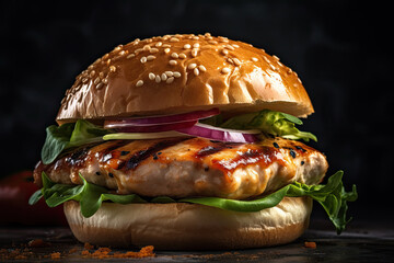 Grilled Chicken Burger, Food Product Photography - Generative ai	