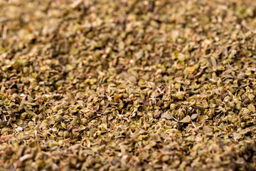 Thyme spice. Bulk dry thyme leaves food background. Spice concept.