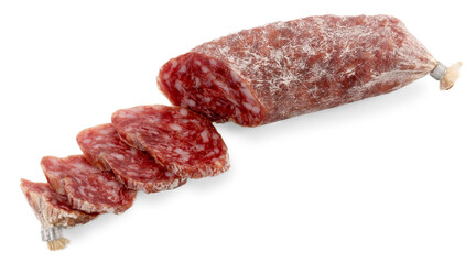 Italian salami  cut with slices, sausage called cacciatorino, isolated