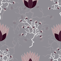 Vector light gray seamless pattern background: Lotus Tree.