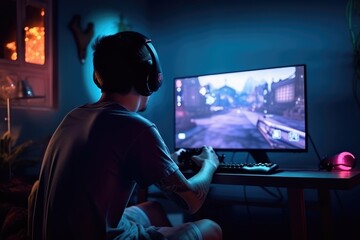 Back view shot of the professional gamer playing online video game on personal computer