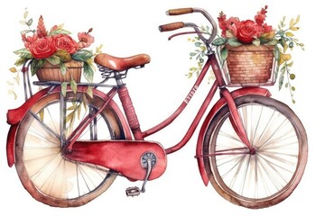 vibrant red bicycle with a bouquet of colorful flowers in a watercolor painting style. Generative AI