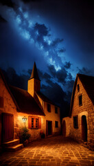 Fototapeta premium AI Digital Illustration Medieval Village With Cosmic Sky
