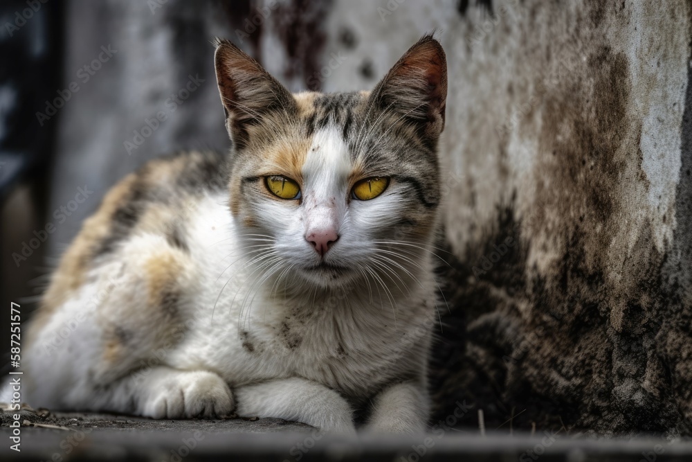 Sticker A young cat with white fur and gray tabby markings sits in front of a dirty wall, her face focused and poised to leap. Generative AI