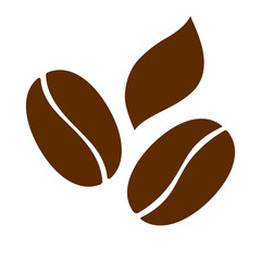 Coffee beans and a leaf brown icon. Two roasted beans. Illustration on transparent background