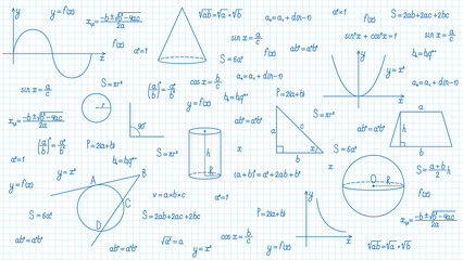 Background with mathematical formulas and graphs on the background of a sheet in a cage. Illustration on transparent background
