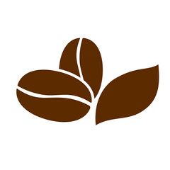 Coffee beans and a leaf brown icon. Two roasted beans. Illustration on transparent background