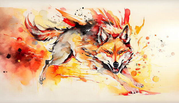 "wolf  A Vibrant and Dynamic Watercolor Painting" Generative AI