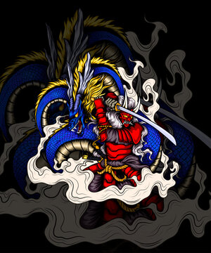 samurai knight and dragon design illustration image