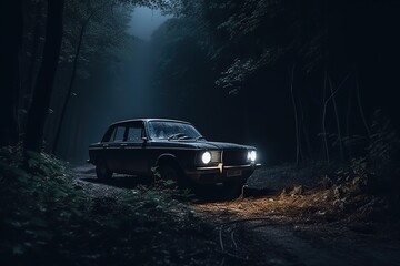 Fototapeta na wymiar old car found in a mysterious forest at night, which can evoke a sense of intrigue, suspense, or danger. Generative AI