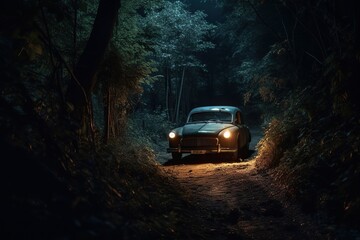 Plakat old car found in a mysterious forest at night, which can evoke a sense of intrigue, suspense, or danger. Generative AI