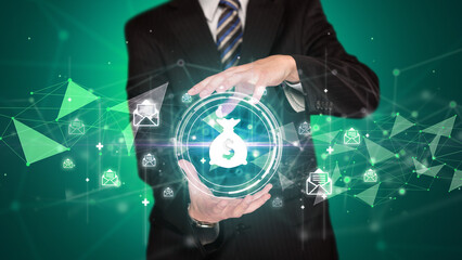 Businessman holdig business icons concept