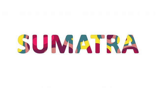 Multi-colored inscription Island name SUMATRA with colored spots floating inside. Looped from frame 120 to 839, Alpha BW at the end