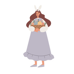 Happy Easter clipart set, Cute bunny rabbit illustration, Childrens egg hunts clip art, Individual elements, Spring vector images in flat cartoon style, Easter basket, chick, spring, flower.