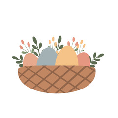 Fototapeta premium Happy Easter clipart set, Cute bunny rabbit illustration, Childrens egg hunts clip art, Individual elements, Spring vector images in flat cartoon style, Easter basket, chick, spring, flower.