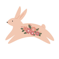 Happy Easter clipart set, Cute bunny rabbit illustration, Childrens egg hunts clip art, Individual elements, Spring vector images in flat cartoon style, Easter basket, chick, spring, flower.