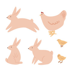 Happy Easter clipart set, Cute bunny rabbit illustration, Childrens egg hunts clip art, Individual elements, Spring vector images in flat cartoon style, Easter basket, chick, spring, flower.