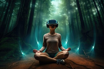 Young athletic woman wearing VR headset, practising yoga and meditation in futuristic Way. Her consciousness is transformed into beautiful and peaceful forest
