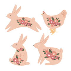 Obraz na płótnie Canvas Happy Easter clipart set, Cute bunny rabbit illustration, Childrens egg hunts clip art, Individual elements, Spring vector images in flat cartoon style, Easter basket, chick, spring, flower.