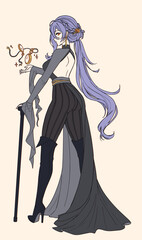 Anime manga full body sorceress holding cane wearing big boots