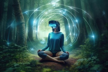Young athletic woman wearing VR headset, practising yoga and meditation in futuristic Way. Her consciousness is transformed into beautiful and peaceful forest