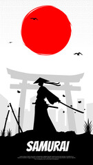 Samurai with red moon wallpaper. A silhouette of a samurai with a red moon behind it. Japanese samurai warrior with a sword. japanese theme wallpaper for Phone. vertical monitor background.