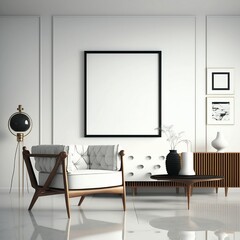 Mockup poster frame on the wall of living room. Luxurious apartment background with minimalistic design. Modern interior design. 3D render, 3D illustration.