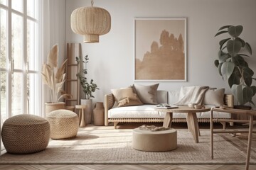 Boho living room in pastel beige,. Generative AI